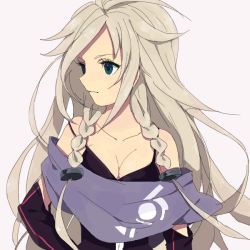 Rule 34 | 1girl, bad id, bad pixiv id, bare shoulders, blonde hair, blue eyes, braid, breasts, cleavage, ia (vocaloid), long hair, looking away, off shoulder, sate (tobeyopengin), shawl, simple background, solo, twin braids, vocaloid