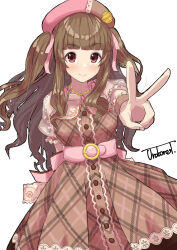 Rule 34 | 1girl, artist name, bead necklace, beads, belt, blunt bangs, blush, brown dress, brown hair, closed mouth, dress, floral print, frilled sleeves, frills, hair ribbon, high belt, highres, idolmaster, idolmaster cinderella girls, idolmaster cinderella girls starlight stage, jewelry, kamiya nao, long hair, looking at viewer, necklace, pink headwear, pink ribbon, plaid, plaid dress, red eyes, ribbon, scrunchie, see-through, see-through sleeves, smile, solo, thick eyebrows, two side up, uroboros t, v