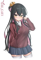 Rule 34 | 1girl, :o, absurdres, alternate costume, black hair, bow, breasts, brown cardigan, cardigan, casual, collared shirt, colored inner hair, grey skirt, hair bow, highres, kantai collection, long hair, long sleeves, looking at viewer, medium breasts, multicolored hair, naganami (kancolle), pink hair, shirt, skirt, solo, tf cafe, thighhighs, twitter username, two-tone hair, wavy hair, white thighhighs, yellow bow, yellow eyes