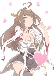 Rule 34 | 10s, 1girl, ;o, ahoge, aiguillette, arrow (projectile), arrow through heart, artist request, black skirt, black thighhighs, blowing kiss, blush, blush stickers, breasts, cowboy shot, detached sleeves, double bun, double finger gun, eyebrows, finger gun, foreshortening, hair bun, hair intakes, headgear, heart, highres, index finger raised, japanese clothes, kantai collection, kimono, kongou (kancolle), large breasts, long hair, long sleeves, looking at viewer, nobcoffee, nontraditional miko, one eye closed, parted lips, pleated skirt, purple eyes, red ribbon, ribbon, ribbon-trimmed sleeves, ribbon trim, skirt, solo, thighhighs, thighs, u70adu9178u73c8u7432, wide sleeves, wings, zettai ryouiki