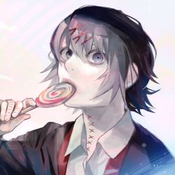 Rule 34 | 1boy, absurdres, black eyes, candy, food, food in mouth, grey background, hair ornament, hairclip, hand up, highres, holding, holding candy, holding food, holding lollipop, kyuuba melo, lollipop, male focus, portrait, shirt, short hair, simple background, solo, stitches, suzuya juuzou, tokyo ghoul, x hair ornament