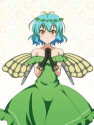 Rule 34 | 1girl, bare shoulders, black gloves, blue hair, butterfly wings, cato (monocatienus), collarbone, commentary, dress, eternity larva, gloves, green dress, insect wings, looking at viewer, off-shoulder dress, off shoulder, orange hair, own hands clasped, own hands together, short hair, simple background, smile, solo, strapless, strapless dress, touhou, wings