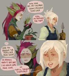 Rule 34 | 2girls, annoyed, league of legends, monster girl, multiple girls, plant, plant girl, potted plant, pun, red hair, riven (league of legends), suqling, trowel, venus flytrap, wearing plant, white hair, zyra