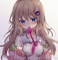 Rule 34 | 1girl, 9-nine-, blue eyes, blush, breasts, cleavage, collar, commentary request, eyelashes, eyes visible through hair, gear hair ornament, grey background, grey collar, hair between eyes, hair over shoulder, hands up, highres, jacket, kujou miyako, large breasts, light brown hair, long hair, looking down, mouth hold, off shoulder, open clothes, open jacket, opened by self, pink jacket, pink ribbon, ribbon, ribbon in mouth, school uniform, shirt, shy, sidelocks, simple background, solo, undressing, upper body, very long hair, wavy hair, white shirt, wing hair ornament, yutori z71