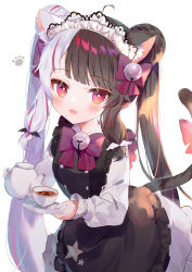 Rule 34 | 1girl, :d, animal ear fluff, apron, bad id, bad pixiv id, bell, black hair, blouse, blush, bow, cat girl, collared shirt, cup, double bun, frilled apron, frills, hair bell, hair bow, hair bun, hair ornament, highres, holding, holding saucer, jingle bell, looking at viewer, maid headdress, multicolored hair, nijisanji, open mouth, purple bow, red bow, red eyes, red hair, saucer, shirt, silver hair, simple background, skirt, smile, solo, split-color hair, streaked hair, tail, tail bow, tail ornament, teacup, teapot, toufu mentaru zabuton, twintails, two-tone hair, virtual youtuber, white background, white shirt, white skirt, yorumi rena, yorumi rena (5th costume)