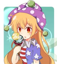 Rule 34 | 1girl, :o, american flag dress, blonde hair, blush, buna shimeji (keymush), clownpiece, d:, dress, dropping, fairy wings, food, hat, ice cream, ice cream cone, jester cap, long hair, open mouth, red eyes, ringed eyes, solo, touhou, very long hair, wings