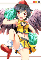 Rule 34 | &gt;:d, 1girl, :d, alternate costume, arm up, armpits, bare shoulders, black hair, blush, breasts, cameltoe, cheerleader, cleavage, cleavage cutout, clothing cutout, crop top, e.o., feathered wings, hand on own hip, hat, high heels, highres, leg up, looking at viewer, midriff, miniskirt, naughty face, open mouth, panties, pleated skirt, pom pom (cheerleading), pov, red eyes, shameimaru aya, shirt, short hair, skirt, smile, solo, spread legs, standing, standing on one leg, tokin hat, touhou, underwear, upskirt, v-shaped eyebrows, white panties, wings, yellow shirt, yellow skirt