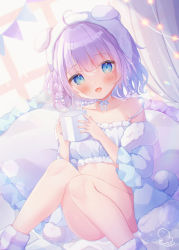 Rule 34 | 1girl, ahoge, animal ears, ankle cuffs, bare shoulders, blue eyes, blush, braid, cinderella bust, collarbone, commentary, crop top, cup, dog ears, dog tail, fake animal ears, fake tail, highres, holding, holding cup, looking at viewer, loungewear, medium hair, neck ribbon, omochi monaka, open mouth, original, pillow, purple hair, revision, ribbon, sitting, smile, solo, stomach, strap slip, tail