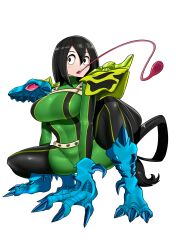 Rule 34 | 1girl, absurdres, adapted costume, all fours, altronage, armor, asui tsuyu, beast wars, beast wars: transformers, black eyes, black footwear, black hair, blue gloves, bodysuit, boku no hero academia, boots, commission, frog girl, gloves, green bodysuit, highres, long hair, long tongue, low ponytail, pauldrons, poison dart frog, ponytail, predacon, shoulder armor, shoulder pads, spittor, squatting, stamp mark, thigh boots, tongue, tongue out, transformers, transformers car robots, very long hair