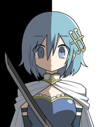 Rule 34 | 1girl, arms at sides, black background, blue eyes, blue hair, breasts, cape, detached sleeves, eyes visible through hair, fortissimo, frills, hair between eyes, hair ornament, hairclip, mahou shoujo madoka magica, mahou shoujo madoka magica (anime), medium breasts, miki sayaka, musical note, musical note hair ornament, parted lips, pokki (sue eus), shaded face, short hair, simple background, solo, strapless, sword, two-tone background, upper body, weapon, white background, white cape