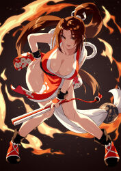 Rule 34 | 1girl, bare shoulders, breasts, brown eyes, brown hair, cleavage, downblouse, fatal fury, female focus, fire, folded fan, folding fan, hand fan, hand on own hip, high ponytail, highres, holding, holding fan, japanese clothes, knees together feet apart, large breasts, long hair, looking at viewer, matching hair/eyes, ninja, open mouth, pelvic curtain, ponytail, revealing clothes, shiranui mai, snk, solo, the king of fighters, the king of fighters xv, thighs, yagi2013