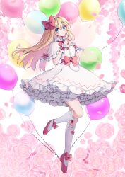 Rule 34 | 1girl, balloon, blonde hair, blue eyes, blush, capelet, closed mouth, dress, fairy, fairy wings, flower, frilled dress, frills, full body, highres, lily white, long hair, looking at viewer, pink flower, red footwear, shironeko yuuki, shoes, smile, socks, solo, touhou, white capelet, white dress, white socks, wings