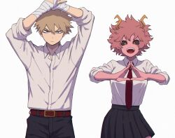 Rule 34 | 1boy, 1girl, :d, akiyama (noconoco), arms up, ashido mina, bakugou katsuki, bandaged arm, bandages, belt, belt buckle, black pants, black sclera, black skirt, blonde hair, boku no hero academia, buckle, closed mouth, collared shirt, colored sclera, colored skin, commentary request, dress shirt, frown, hair between eyes, hands up, horns, long sleeves, looking at viewer, necktie, open mouth, pants, pink hair, pink skin, pleated skirt, red belt, red eyes, red necktie, school uniform, serious, shirt, short hair, simple background, skirt, sleeves rolled up, smile, spiked hair, teeth, upper teeth only, v-shaped eyebrows, white background, white shirt, wing collar, yellow eyes