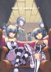 Rule 34 | 2girls, ayanami rei, bare shoulders, blue hair, bodysuit, boots, breasts, ceiling, choker, cleavage, collarbone, couch, detached sleeves, dress, english text, faceless, faceless female, frills, head tilt, indoors, interface headset, knee boots, knee up, light frown, looking at viewer, multiple girls, multiple persona, neon genesis evangelion, open mouth, parted lips, pleated skirt, plugsuit, puppet, red eyes, ribbon choker, school uniform, short hair, sitting, skirt, sleeveless, sleeveless dress, spotlight, strapless, strapless dress, striped clothes, striped legwear, striped thighhighs, take your pick, thighhighs, tiles, white footwear, white skirt, yuksi, zipper