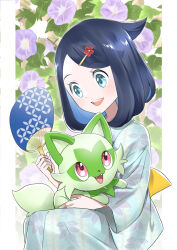Rule 34 | 1girl, :d, alternate costume, black hair, colored inner hair, commentary request, cowlick, creatures (company), eyelashes, flower, game freak, green eyes, hair ornament, hairclip, holding, holding paddle, japanese clothes, kimono, leaf print, liko (pokemon), medium hair, morisawa machi, morning glory, multicolored hair, nintendo, on lap, open mouth, paddle, pokemon, pokemon (anime), pokemon (creature), pokemon horizons, pokemon on lap, sitting, smile, sprigatito, teeth, tongue, upper teeth only, yukata