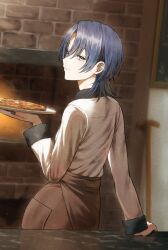 Rule 34 | 1girl, androgynous, apron, arm support, blue eyes, blue hair, blue nails, brick oven, brown apron, closed mouth, commentary request, fagi (kakikaki), fingernails, food, from behind, hair between eyes, highres, hiodoshi ao, holding, holding tray, hololive, hololive dev is, indoors, long fingernails, long sleeves, nail polish, oven, pizza, profile, shirt, short hair, smile, solo, tray, virtual youtuber, waist apron, white shirt