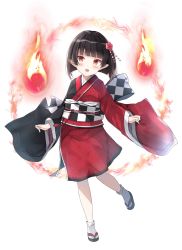 Rule 34 | 1girl, black footwear, black hair, black kimono, blunt bangs, blush, character request, commentary request, fang, fire, flower, hair flower, hair ornament, highres, japanese clothes, kimono, long sleeves, looking at viewer, obi, open mouth, pointy ears, red eyes, red flower, red kimono, saeki sora, sandals, sash, short hair, short kimono, simple background, socks, solo, standing, standing on one leg, tabi, tokyo conception, white background, white socks, wide sleeves, zouri