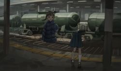 Rule 34 | 1girl, black footwear, black hair, braid, coat, disembodied torso, full body, hand to own mouth, legs, looking at viewer, low twin braids, original, pleated skirt, shoes, skirt, socks, standing, tensen (dotted line), train, train station, twin braids
