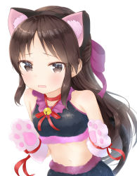 Rule 34 | 10s, 1girl, animal ears, animal hands, bell, black eyes, black hair, blush, bow, breasts, brown eyes, brown hair, cat ears, cat paws, hair bow, highres, idolmaster, idolmaster cinderella girls, jingle bell, long hair, looking at viewer, navel, open mouth, ribbon, sakurano rocco, simple background, small breasts, solo, tachibana arisu, white background