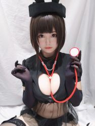 Rule 34 | 1girl, asian, black eyes, black hair, breasts, buttons, chinese (nationality), cleavage, cleavage cutout, clothing cutout, costume, frills, hat, highres, laces, large breasts, leggings, mizhimaoqiu, panties, photo (medium), short hair, solo, stethoscope, tagme, underwear