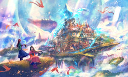 Rule 34 | 2girls, ahoge, bird, black hair, brown hair, building, city, colorful, commentary request, creature, dress, fantasy, floating hair, floating island, highres, long dress, long hair, multiple girls, original, outdoors, sakimori (hououbds), scenery, sitting, standing, sunlight, very wide shot, water, wide sleeves