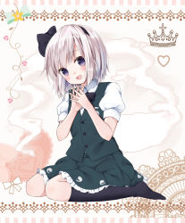 Rule 34 | 1girl, black socks, full body, ghost, hair ribbon, hairband, hitodama, kneehighs, konpaku youmu, konpaku youmu (ghost), lace background, looking at viewer, no shoes, open mouth, own hands clasped, own hands together, puffy sleeves, purin jiisan, purple eyes, ribbon, short hair, short sleeves, silver hair, sitting, skirt, socks, solo, touhou, vest
