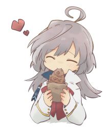 Rule 34 | 1girl, ^ ^, ahoge, assault lily, blush, bow, bowtie, closed eyes, closed mouth, commentary request, cropped torso, eating, facing viewer, food, food in mouth, grey hair, hands up, heart, herensuge girls academy school uniform, high collar, highres, holding, holding food, jacket, long hair, long sleeves, multicolored hair, red bow, red bowtie, sasaki ran, school uniform, simple background, sleeves past wrists, smile, solo, streaked hair, taiyaki, toyo (sameden46), upper body, wagashi, white background, white jacket