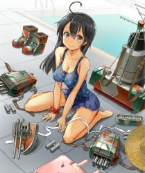 Rule 34 | 10s, 1girl, :3, ahoge, barefoot, black hair, blush, breasts, brown eyes, cannon, cleavage, collarbone, female focus, kantai collection, kona (garihagemegane), large breasts, long hair, looking at viewer, md5 mismatch, narrow waist, pool, scrunchie, sitting, solo, swimsuit, torpedo, turret, ushio (kancolle), wariza, wrist scrunchie