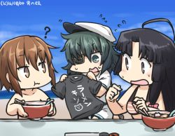 Rule 34 | 3girls, ?, ahoge, bikini, black hair, blue sky, blush, brown eyes, brown hair, clothes writing, commentary request, convenient censoring, dated, day, eyepatch, flying sweatdrops, food, green eyes, green hair, hamu koutarou, hat, kantai collection, kiso (kancolle), multiple girls, noodles, nude, open mouth, ramen, sailor hat, shirt, short hair, shouhou (kancolle), sky, swimsuit, t-shirt, wakaba (kancolle)
