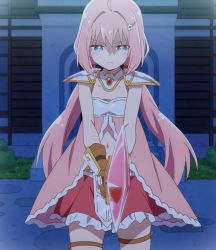 Rule 34 | 1girl, aqua eyes, endro!, highres, long hair, pink hair, screencap, solo, standing, stitched, sword, third-party edit, weapon, yuria shardet