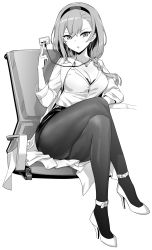 Rule 34 | 1girl, azur lane, braid, breasts, cleavage, collarbone, eagle (azur lane), earrings, greyscale, hairband, high heels, highres, hori (hori no su), jewelry, large breasts, long hair, long sleeves, looking at viewer, monochrome, necklace, pantyhose, parted lips, simple background, sitting, solo, stud earrings, white background