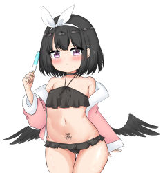 Rule 34 | 1girl, :&lt;, absurdres, bailingxiao jiu, bare shoulders, bikini, biohazard symbol, black bikini, black choker, black hair, black wings, blue archive, blush, choker, closed mouth, collarbone, commentary request, feathered wings, food, gluteal fold, groin, hairband, halterneck, highres, holding, holding food, ice cream, jacket, looking at viewer, low wings, mashiro (blue archive), mashiro (swimsuit) (blue archive), navel, off shoulder, open clothes, open jacket, pink jacket, purple eyes, simple background, solo, swimsuit, thigh gap, white background, white hairband, wings