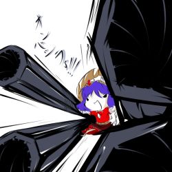 Rule 34 | 1girl, cannon, chibi, dress, female focus, lowres, machinery, outstretched arm, puffy short sleeves, puffy sleeves, purple hair, red dress, short hair, short sleeves, simple background, solo, touhou, turret, white background, yasaka kanako