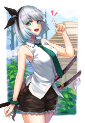 Rule 34 | 1girl, :d, alternate costume, aqua eyes, bare arms, bare shoulders, black hairband, black ribbon, black shorts, blunt bangs, border, breasts, collared shirt, commentary request, cowboy shot, green necktie, green scrunchie, hair ribbon, hairband, hand up, highres, index finger raised, katana, konpaku youmu, looking at viewer, medium breasts, necktie, open mouth, outside border, re (re 09), ribbon, scabbard, scrunchie, sheath, sheathed, shirt, short hair, short shorts, shorts, silver hair, sleeveless, sleeveless shirt, smile, solo, standing, sword, touhou, weapon, white border, white shirt, wrist scrunchie