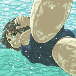 Rule 34 | 1girl, ass, bad id, bad pixiv id, brown hair, caustics, dd (ijigendd), one-piece swimsuit, school swimsuit, short hair, solo, swimming, swimsuit, underwater