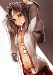 Rule 34 | 10s, 1girl, adjusting hair, black eyes, breasts, brown hair, flat chest, genyaky, headband, highres, japanese clothes, kantai collection, looking at viewer, mouth hold, navel, open clothes, small breasts, solo, stomach, zuihou (kancolle)