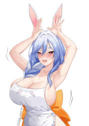 Rule 34 | 1girl, absurdres, amai-pai, animal ears, apron, armpits, arms up, blue hair, blush, braid, braided ponytail, breasts, cleavage, collarbone, curvy, hair over shoulder, highres, holding, hololive, large breasts, long hair, looking at viewer, mature female, multicolored hair, naked apron, pekomama, rabbit ears, red eyes, sidelocks, smile, solo, streaked hair, sweat, thick eyebrows, virtual youtuber, white apron, white background, white hair