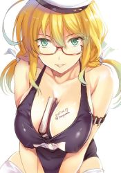 Rule 34 | 10s, 1girl, ahoge, between breasts, blonde hair, book, breasts, dated, female focus, glasses, green eyes, hat, i-8 (kancolle), jpeg artifacts, kantai collection, large breasts, looking at viewer, low twintails, one-piece swimsuit, peaked cap, red-framed eyewear, ribbon, school swimsuit, semi-rimless eyewear, smile, solo, swimsuit, thighhighs, tomozo kaoru, twintails, twitter username, white background, white thighhighs