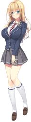 Rule 34 | 1girl, :3, absurdres, aqua eyes, ayase hazuki, blazer, blonde hair, blue eyes, blush, breasts, full body, highres, jacket, kneehighs, large breasts, loafers, long hair, long sleeves, looking at viewer, necktie, official art, pleated skirt, shoes, simple background, skirt, socks, solo, white background, white socks, yaegashi nene, zannen na ane to no love comedy