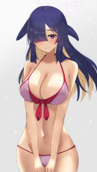 Rule 34 | 1girl, absurdres, animal ears, bare arms, bare legs, bare shoulders, barefoot, bikini, blue archive, blush, breasts, cleavage, hair over one eye, halo, highres, katagirinanoka, large breasts, long hair, looking at viewer, lop rabbit ears, navel, open mouth, purple bikini, purple eyes, purple hair, rabbit ears, rabbit girl, revision, shy, sideboob, simple background, solo, sweat, swimsuit, tsukuyo (blue archive), white background
