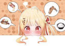 Rule 34 | 1girl, ahoge, blonde hair, blush, bowl, chicken (food), chicken wing, chips (food), double-parted bangs, food, fortissimo, fried chicken, hair ornament, hair ribbon, hamburger steak, head on table, highres, hololive, hololive dev is, musical note, musical note hair ornament, one side up, orange background, otonose kanade, polka dot, polka dot background, potato chips, puffy cheeks, red eyes, red ribbon, ribbon, rice bowl, sidelocks, spoken food, sulking, tearing up, uzuraa, v-shaped eyebrows, virtual youtuber