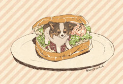Rule 34 | animal focus, dog, food, food focus, lettuce, meat, mojacookie, no humans, plate, sandwich, signature, striped, striped background, twitter username