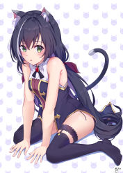 Rule 34 | 1girl, 310setsu, animal ear fluff, animal ears, bare shoulders, between legs, black hair, black panties, black thighhighs, blush, cat ears, cat girl, cat tail, green eyes, hair between eyes, halterneck, halterneck, hand between legs, hands on ground, highres, jewelry, karyl (princess connect!), long hair, looking at viewer, multicolored hair, no pants, no shoes, panties, pendant, princess connect!, side-tie panties, simple background, sitting, solo, streaked hair, tail, thigh strap, thighhighs, two-tone hair, underwear, wariza, white background, white hair