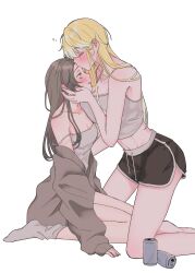 Rule 34 | 2girls, absurdres, alban knox, aroha-chan, beer can, black shorts, blonde hair, blush, breasts, brown cardigan, camisole, can, cardigan, cardigan partially removed, closed eyes, couple, dolphin shorts, drink can, drunk, feet out of frame, full body, genderswap, genderswap (mtf), highres, kiss, kissing forehead, kneeling, large breasts, long hair, looking at another, multiple girls, nijisanji, nijisanji en, open mouth, shirt, short shorts, shorts, simple background, sitting, small breasts, socks, sonny brisko, straight hair, strap slip, virtual youtuber, wariza, white background, white shirt, yuri