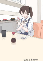 Rule 34 | 1girl, asymmetrical hair, blue hakama, bottle, brown hair, chopsticks, closed eyes, closed mouth, commentary request, conveyor belt sushi, couch, crossed arms, cup, dated, eating, food, hair between eyes, hakama, hakama skirt, holding, holding chopsticks, indoors, japanese clothes, kaga (kancolle), kantai collection, long sleeves, mihama machi, nontraditional miko, open hand, restaurant, rice, saucer, serious, shadow, side ponytail, signature, sitting, skirt, solo, soy sauce, sushi, teacup, tuna, upper body