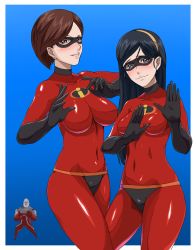 Rule 34 | 1boy, 2girls, age difference, animification, ass, bad id, bad pixiv id, bodysuit, breasts, crossover, disney, domino mask, elastigirl, elbow gloves, gloves, helen parr, impossible clothes, impossible shirt, jaga note, large breasts, latex, latex gloves, latex suit, mask, mature female, mother and daughter, multiple girls, shirt, skin tight, the incredibles, thighhighs, ultra series, ultraseven, ultraseven (series), violet parr