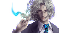 Rule 34 | 10s, 1boy, bad id, bad pixiv id, bishounen, blue eyes, blue fire, fire, formal, glowing, glowing eyes, grey hair, long hair, male focus, necktie, pale skin, ponytail, realistic, simple background, solo, suit, tiger &amp; bunny, white background, xilla, yuri petrov