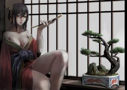 Rule 34 | 1girl, black hair, breasts, cleavage, earrings, eyeliner, grey eyes, hair ornament, highres, holding, holding smoking pipe, japanese clothes, jewelry, jittsu, kimono, kiseru, looking at viewer, makeup, off shoulder, original, parted lips, plant, potted plant, short hair, sitting, smoking pipe, solo, yuujo