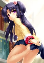 Rule 34 | 1girl, black socks, blue hair, blue skirt, blunt ends, blush, clannad, commentary, cowboy shot, eyelashes, eyes visible through hair, feet, foot out of frame, hair between eyes, hair bobbles, hair ornament, ichinose kotomi, indoors, jacket, legs, lens flare, library, long hair, long sleeves, looking at another, looking at viewer, miniskirt, no shoes, parted lips, pleated skirt, purple eyes, removing sock, school uniform, shiny skin, skirt, socks, solo, standing, standing on one leg, thighs, two side up, yellow jacket, zen (kamuro)