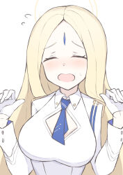 Rule 34 | 1girl, ayumu (blue archive), blonde hair, blue archive, blue necktie, blush, breasts, closed eyes, dress, gloves, halo, highres, jacket, large breasts, long hair, necktie, school uniform, simple background, solo, upper body, white background, white dress, white gloves, white jacket, yellow halo